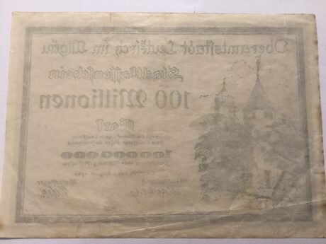 Реверс банкноты 100000000 марок Leutkirch (Германия) 1923 года