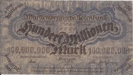 Аверс банкноты 100000000 марок Württembergische Notenbank (Германия) 1923 года