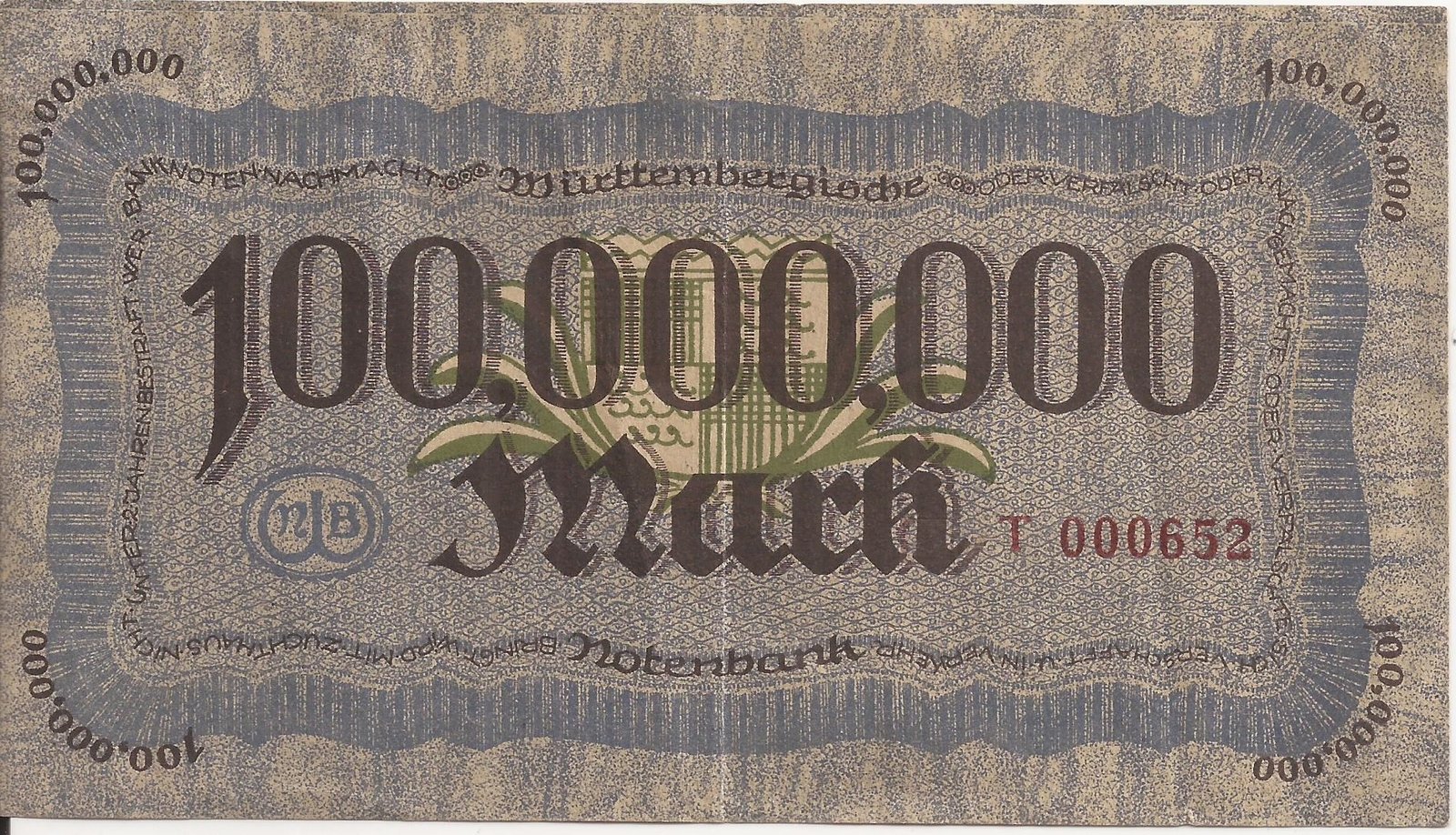 Реверс банкноты 100000000 марок Württembergische Notenbank (Германия) 1923 года