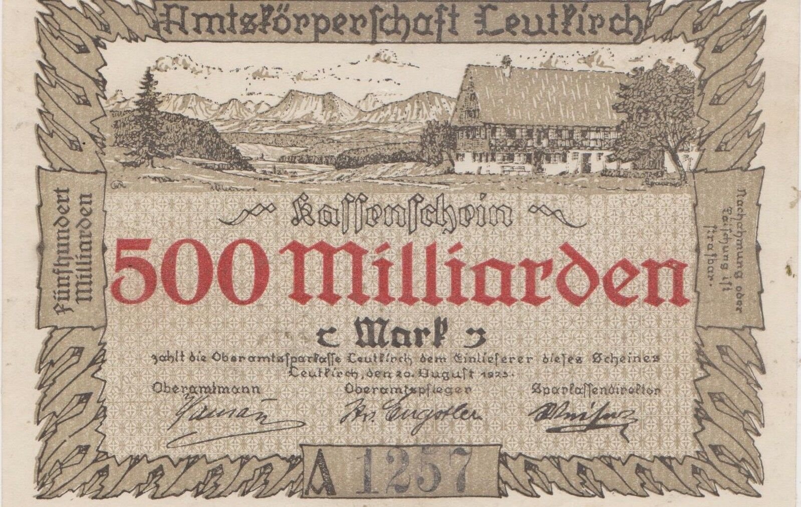 Аверс банкноты 500000000000 марок Oberamt Leutkirch (Германия) 1923 года