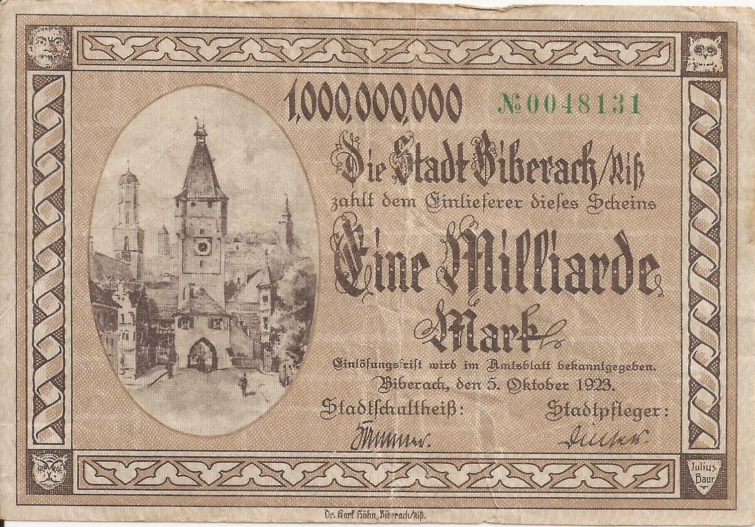 Аверс банкноты 1000000000 марок (Германия) 1923 года