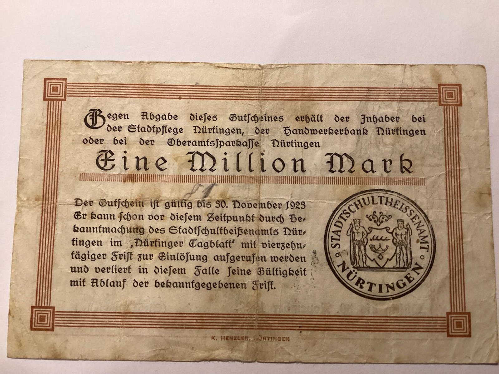 Реверс банкноты 1000000 марок (Германия) 1923 года