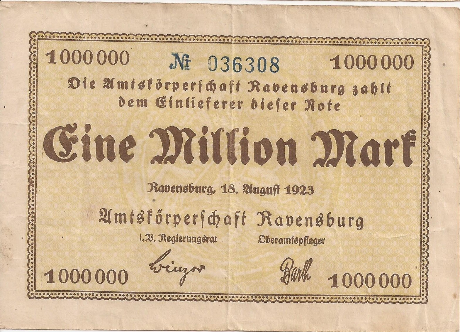 Аверс банкноты 1000000 марок (Германия) 1923 года