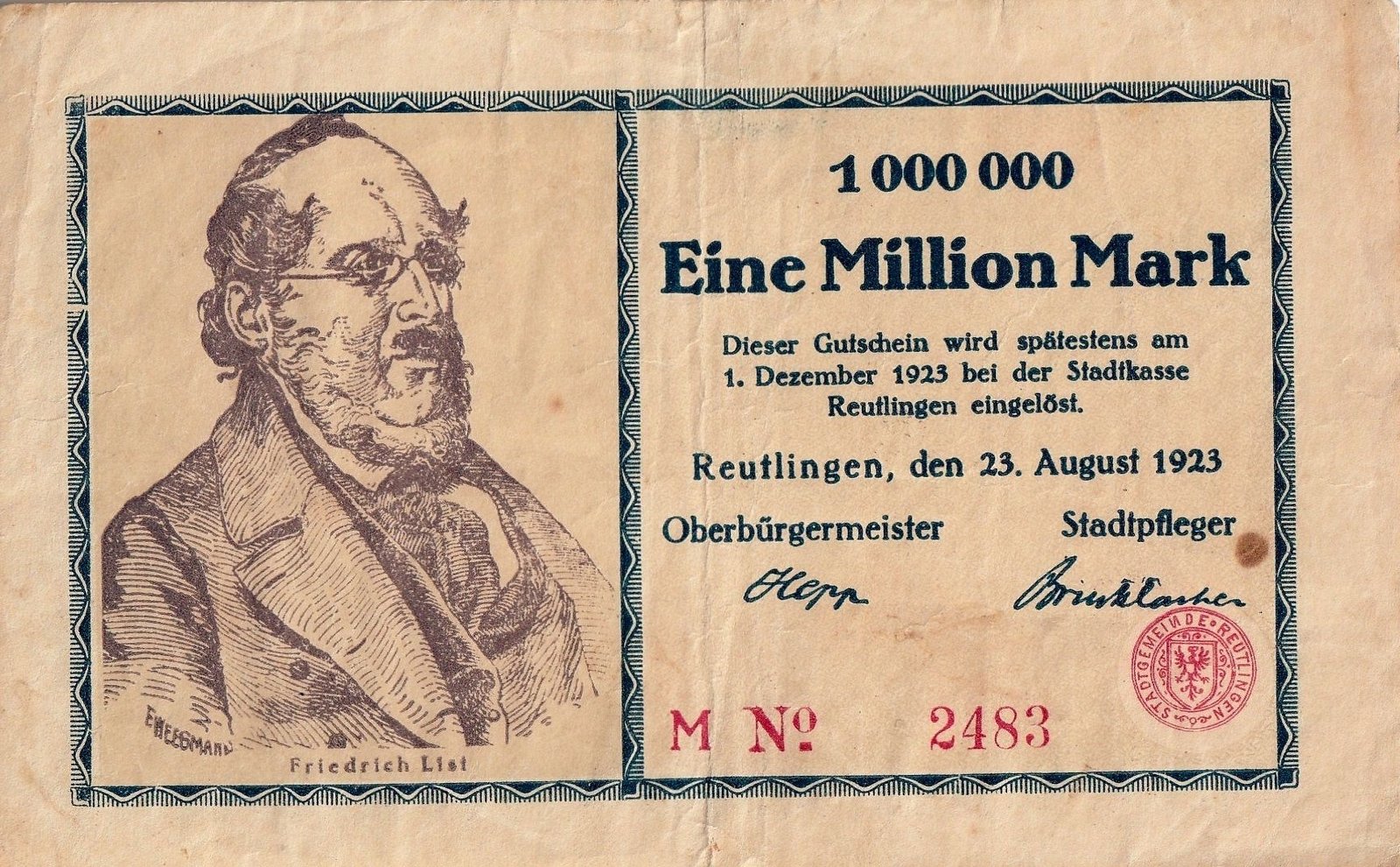 Аверс банкноты 1000000 марок (Германия) 1923 года