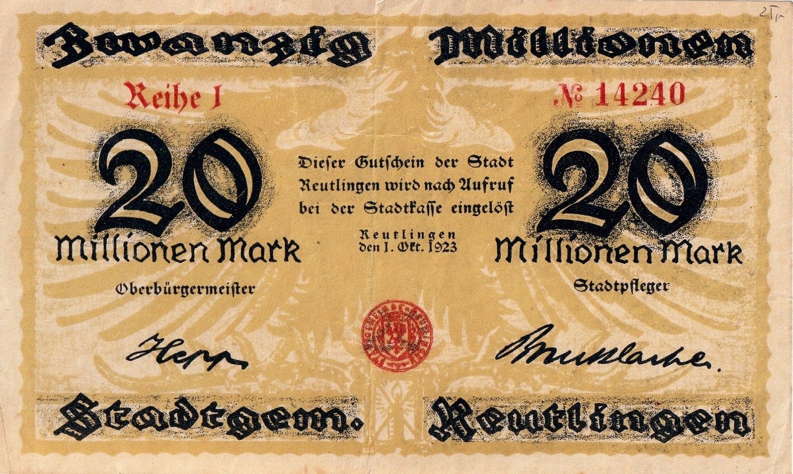 Аверс банкноты 20000000 марок (Германия) 1923 года