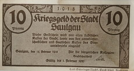 Аверс банкноты 10 fenigów (Niemcy) 1918