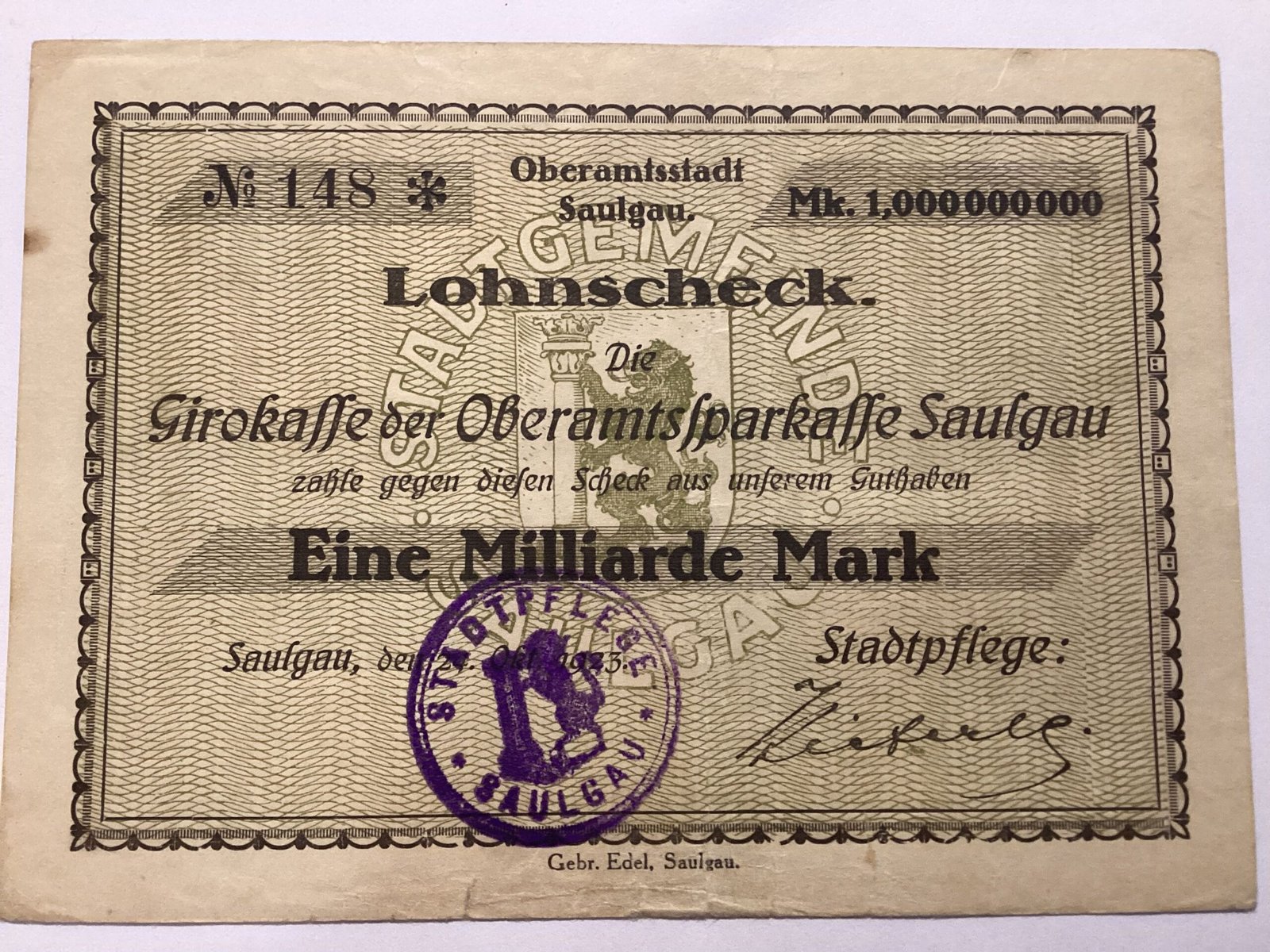 Аверс банкноты 1000000000 марок (Германия) 1924 года