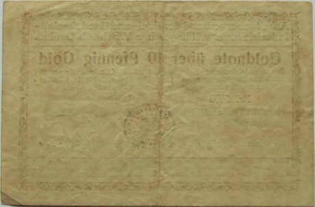 Реверс банкноты 10 fenigów „Związek Pracodawców Złota Przemysłu Metali Szlachetnych i Nieżelaznych” (Niemcy) 1923