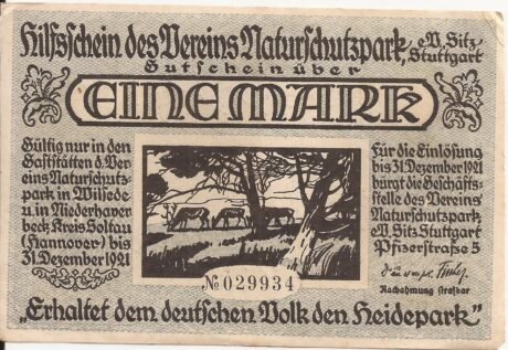 Аверс банкноты znaczek Verein Naturschutzpark/Heidepark (Niemcy) 1921
