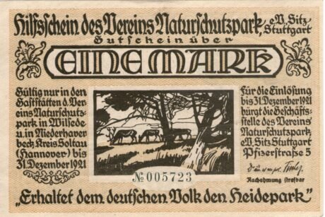 Аверс банкноты 1 znaczek Verein Naturschutzpark/Heidepark (Niemcy) 1921