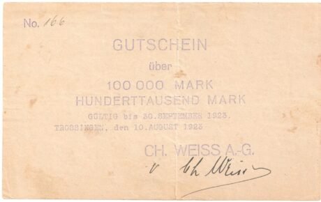 Аверс банкноты 100000 marek Harmonika-Fabriken Ch. Weissa (Niemcy) 1923