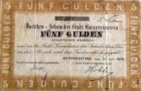 Аверс банкноты 5 гульденов (Германия) 1870 года