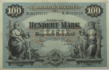 Аверс банкноты 100 марок Bayerische Notenbank (Германия) 1875 года