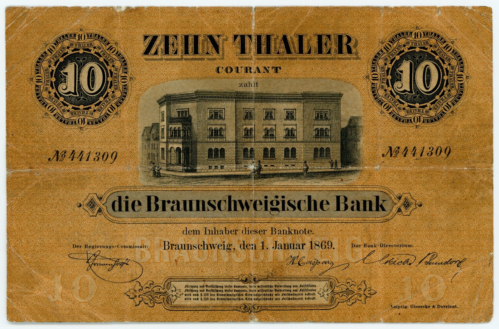 Аверс банкноты 10 талеров Braunschweigische Bank (Германия) 1869 года