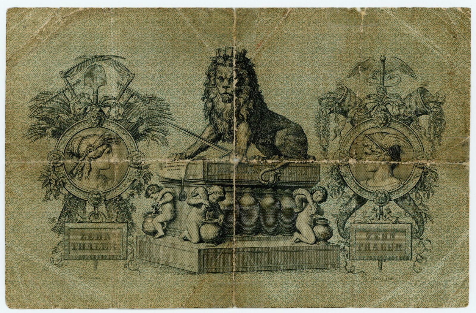 Реверс банкноты 10 талеров Braunschweigische Bank (Германия) 1869 года