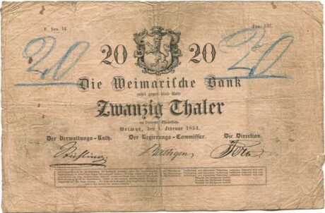 Аверс банкноты 20 талеров (Германия) 1854 года