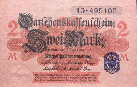 Аверс банкноты 2 znaczki Certyfikatu Kredytowego - niebieska pieczęć (Niemcy) 1914