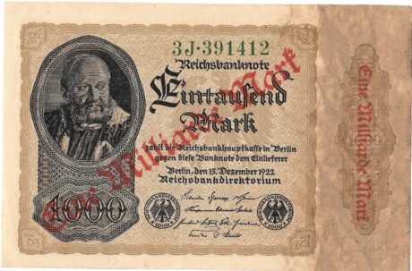 Аверс банкноты 1000000000 marek 1923 nadruk na 1000 marek P-82 (Niemcy) 1923
