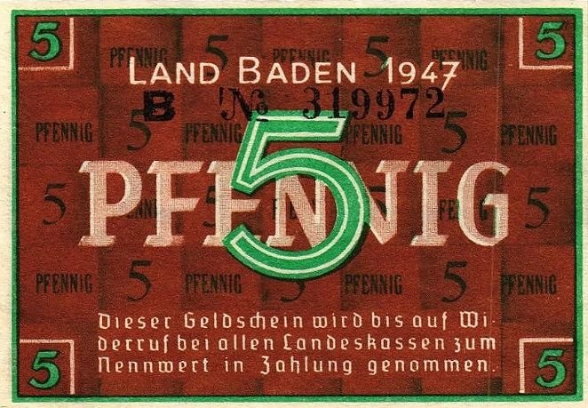 Аверс банкноты 5 пфеннигов Baden Французская оккупация (Германия) 1947 года