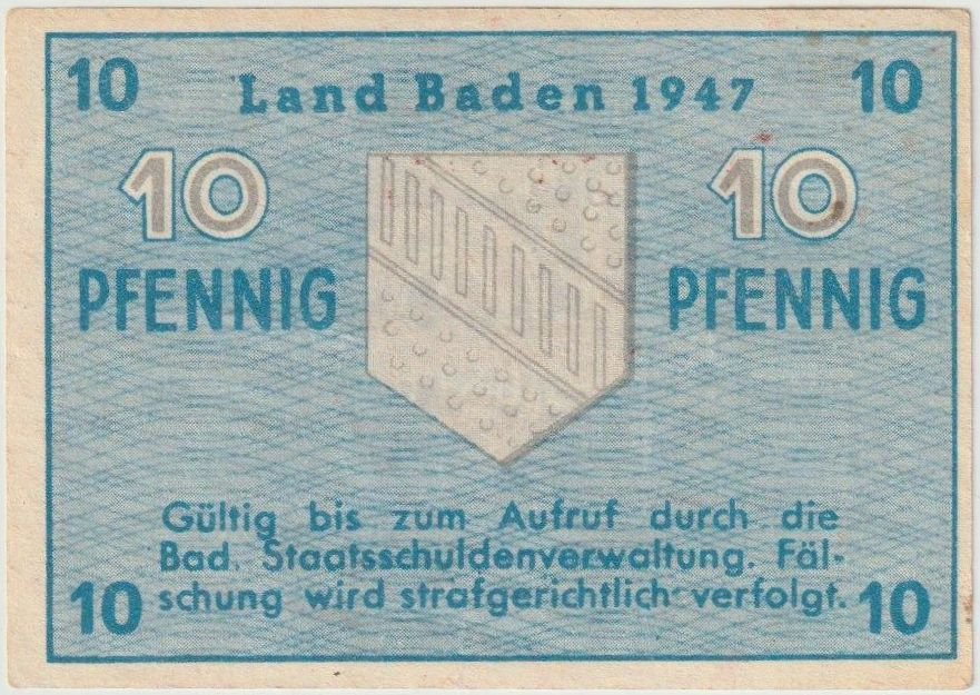 Реверс банкноты 10 пфеннигов Baden Французская оккупация (Германия) 1947 года