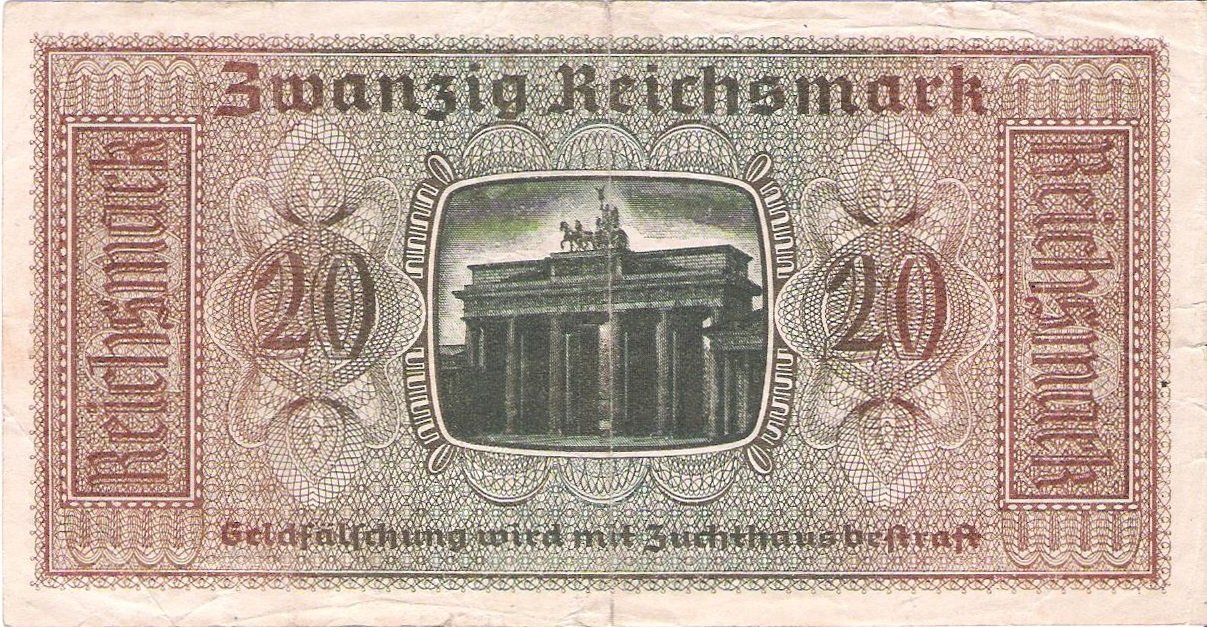 Реверс банкноты 20 рейхсмарок Рейхскредиткаса (Германия) 1940 года