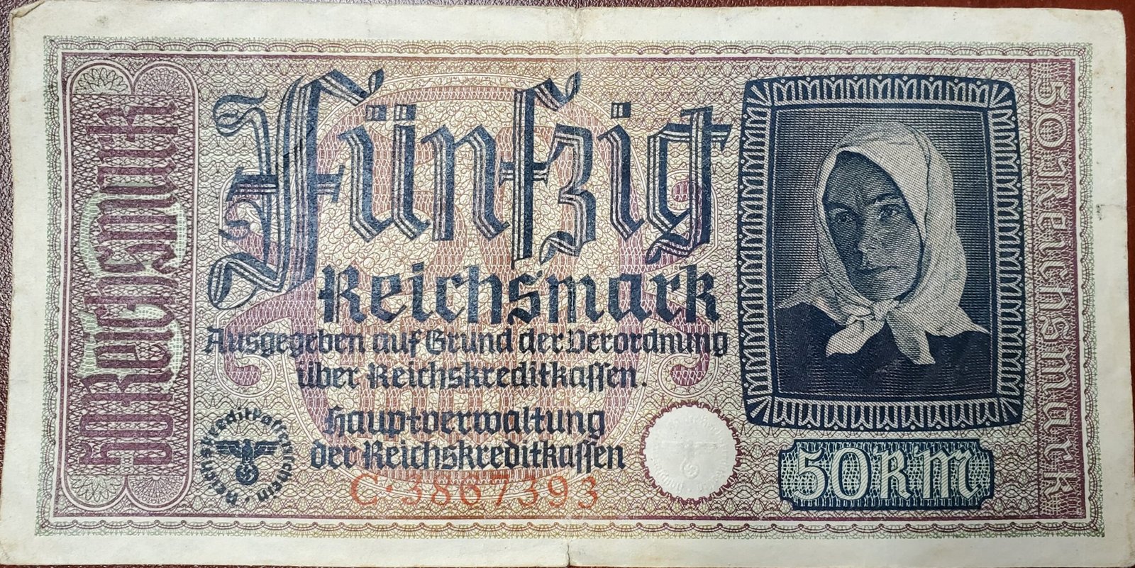 Аверс банкноты 50 рейхсмарок Рейхскредиткаса (Германия) 1939 года