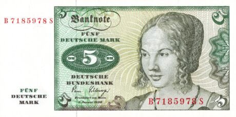 Аверс банкноты 5 немецких марок (Германия) 1960 года