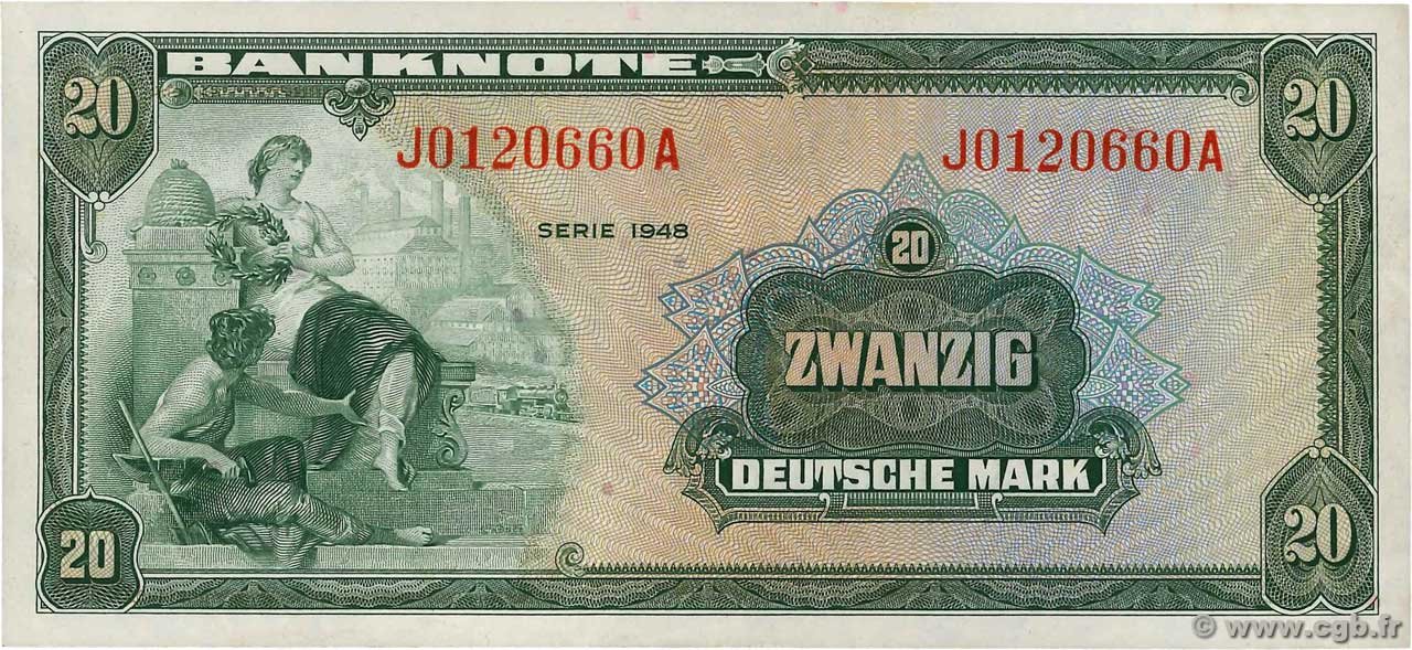 Аверс банкноты 20 немецких марок (Германия) 1948 года