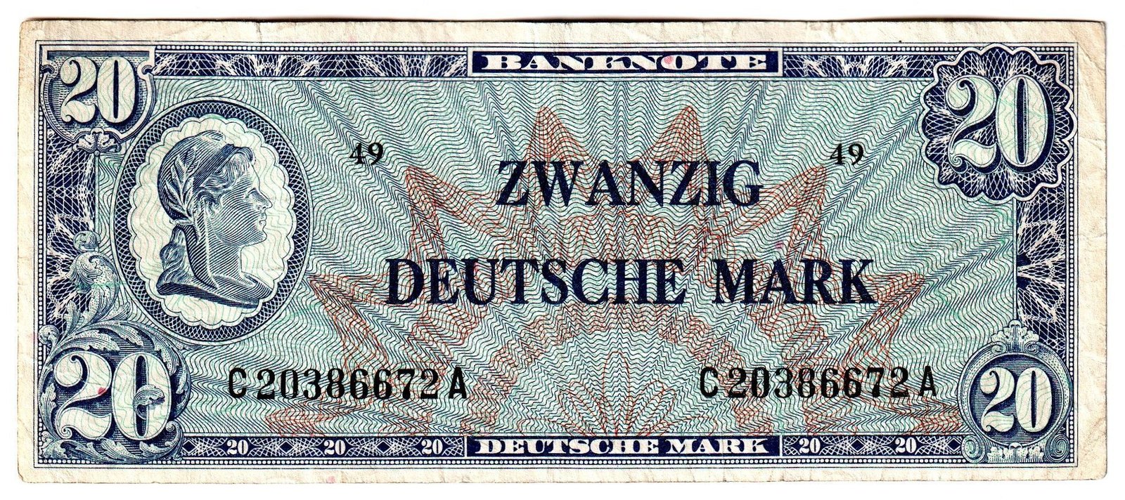 Аверс банкноты 20 немецких марок (Германия) 1948 года