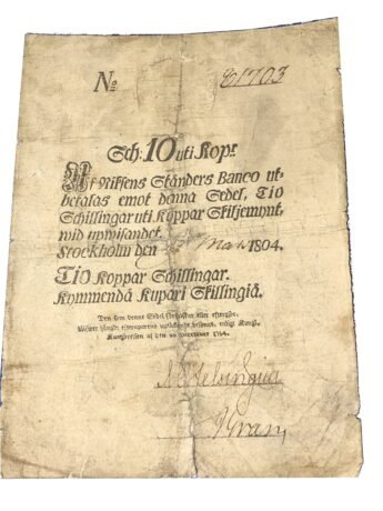 Аверс банкноты 10 шиллинга KM (Швеция) 1803 года