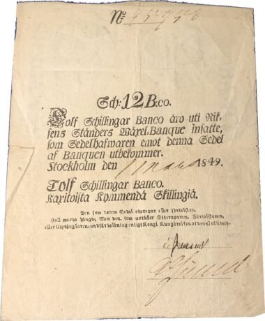 Аверс банкноты 12 szylingów Banco (Szwecja) 1834