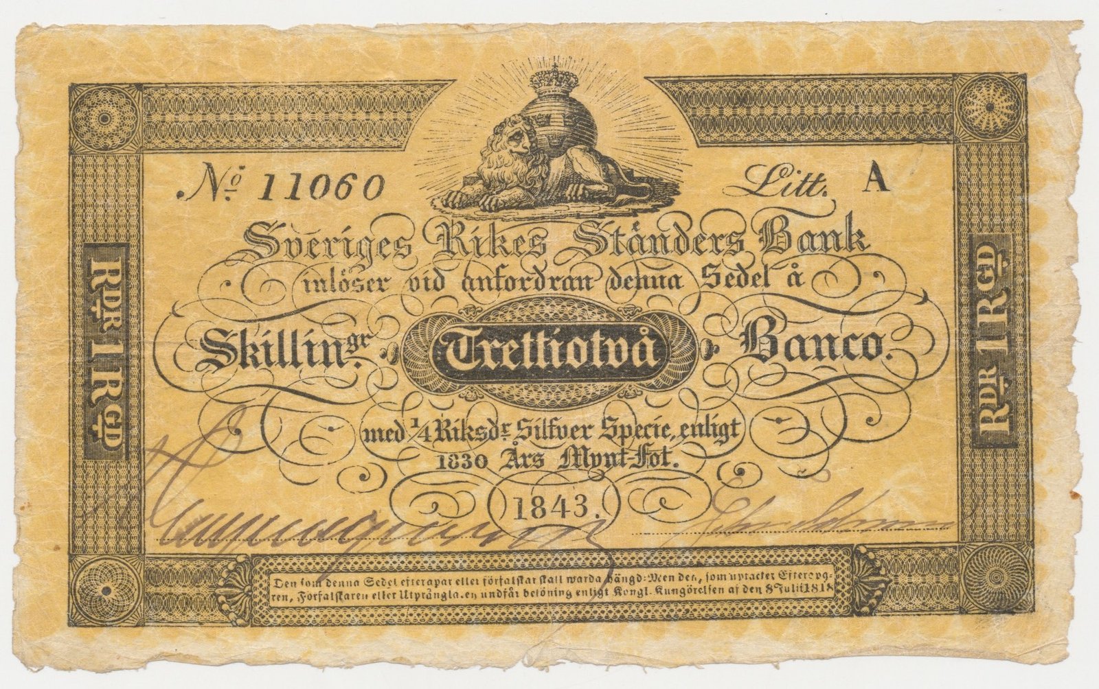 Аверс банкноты 32 шиллинга Banco / 1 Riksdaler Riksgäld (Швеция) 1836 года