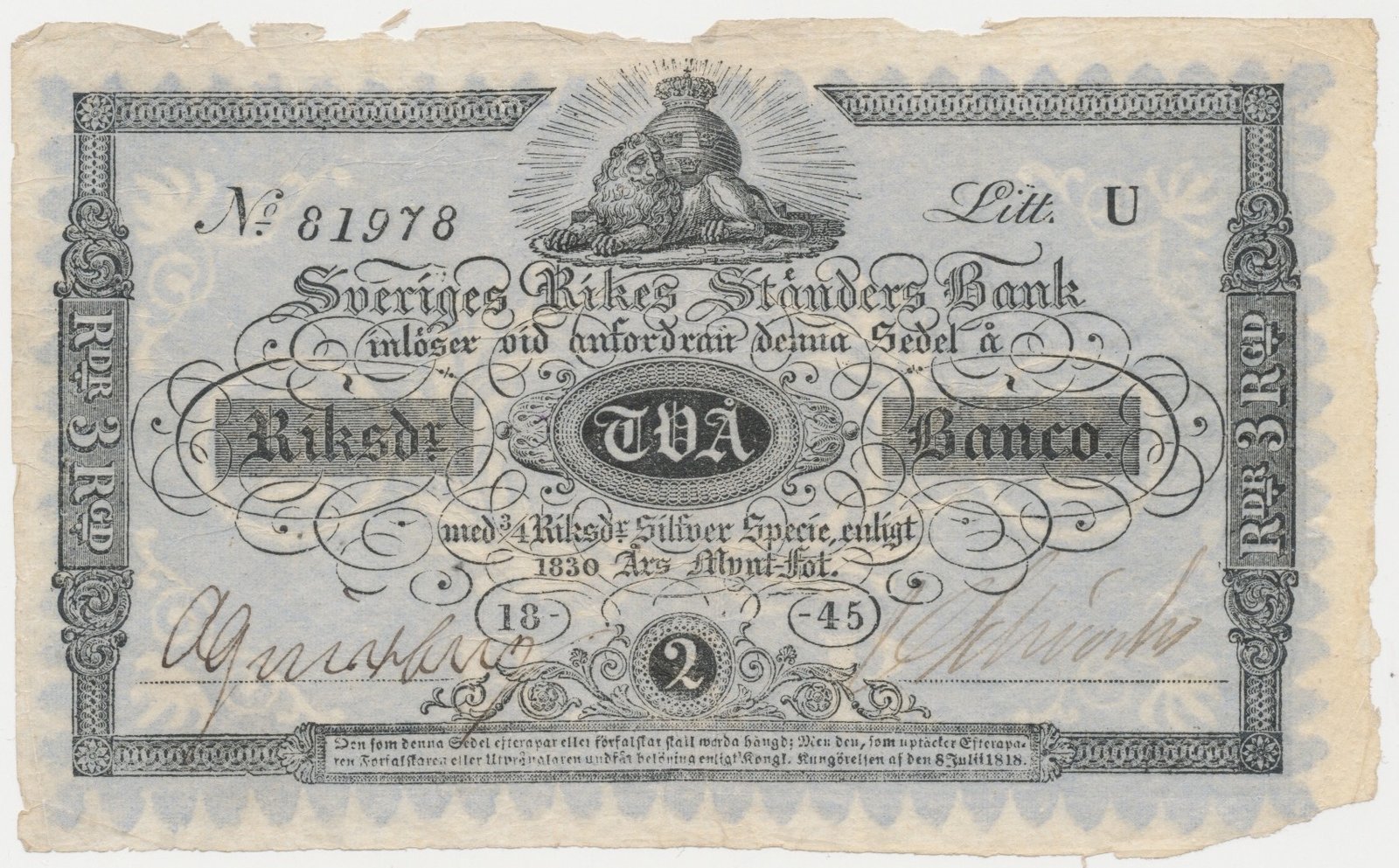 Аверс банкноты 2 риксдалера Banco / 3 Riksdaler Riksgäld (Швеция) 1836 года