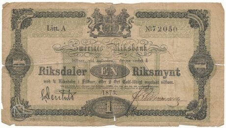 Аверс банкноты 1 риксдалер Riksmynt (Швеция) 1869 года