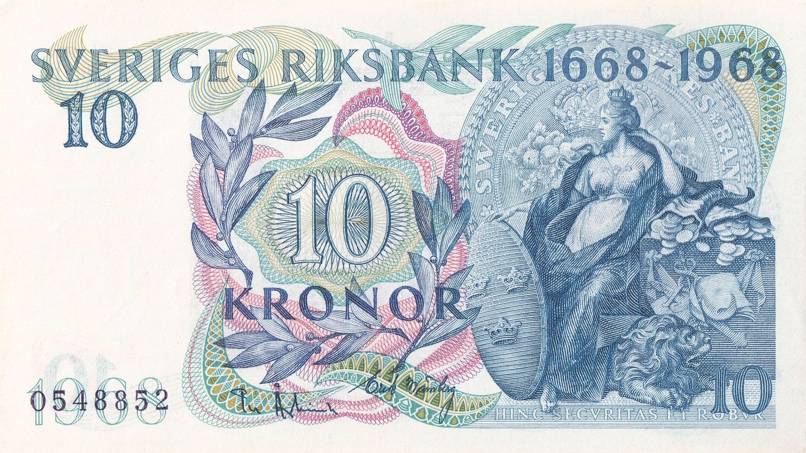 Аверс банкноты 10 крон Riksbank anniversary (Швеция) 1968 года