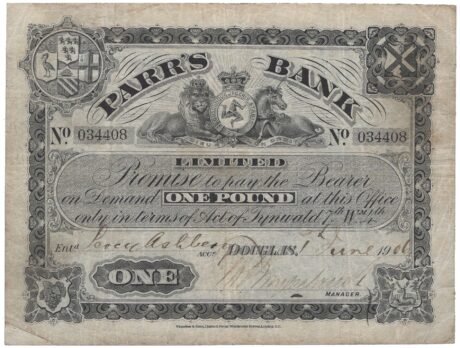 Аверс банкноты 1 фунт Parr's Bank (Великобритания) 1906 года