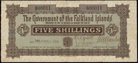 Аверс банкноты 5 шиллингов (Великобритания) 1908 года