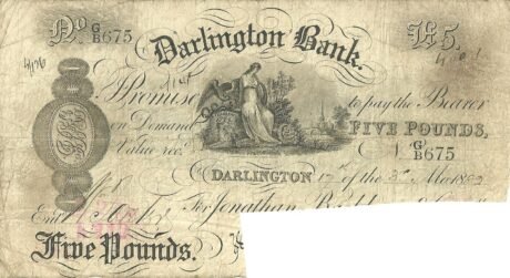 Аверс банкноты 5 фунтов Darlington Bank (Великобритания) 1866 года