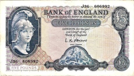 Аверс банкноты 5 фунтов Series B; Helmeted Britannia, blue (Великобритания) 1957 года