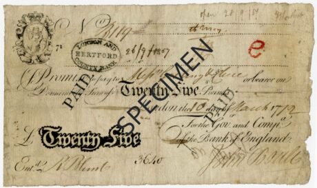 Аверс банкноты 25 фунтов (Великобритания) 1778 года