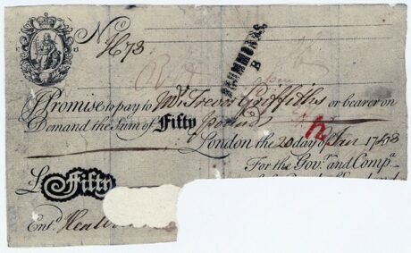 Аверс банкноты 50 фунтов White (Великобритания) 1739 года