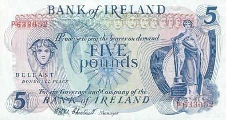 Аверс банкноты 5 funtów „Bank of Ireland” (Wielka Brytania) 1971