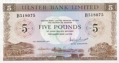Аверс банкноты 5 funtów „Ulster Bank” (Wielka Brytania) 1971