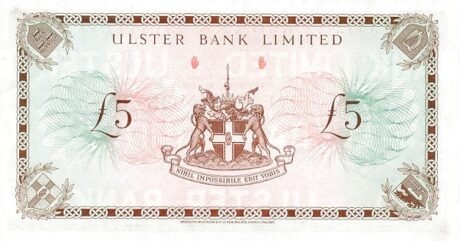 Реверс банкноты 5 funtów „Ulster Bank” (Wielka Brytania) 1971