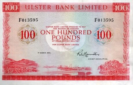 Аверс банкноты 100 funtów „Ulster Bank” (Wielka Brytania) 1973