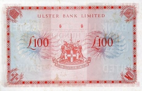 Реверс банкноты 100 funtów „Ulster Bank” (Wielka Brytania) 1973