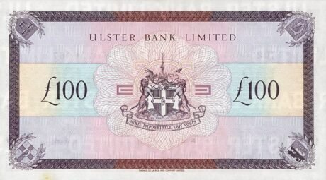 Реверс банкноты 100 funtów „Ulster Bank” (Wielka Brytania) 1990