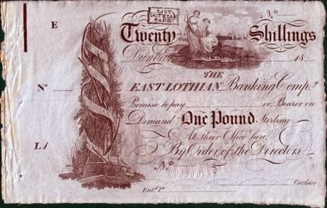 Аверс банкноты 20 шиллингов / 1 фунт East Lothian Bank (Великобритания) 1820 года