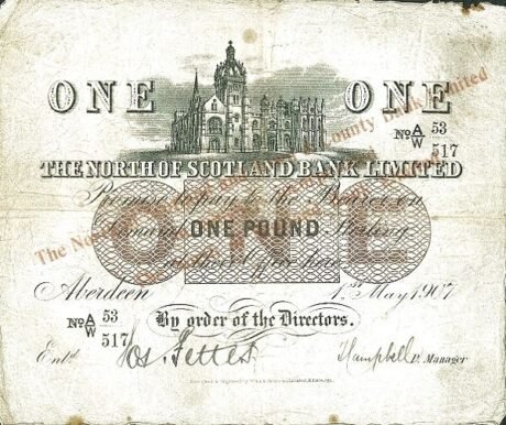 Аверс банкноты 1 фунт (Великобритания) 1908 года