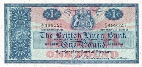 Аверс банкноты 1 funt „British Linen Bank” (Wielka Brytania) 1962
